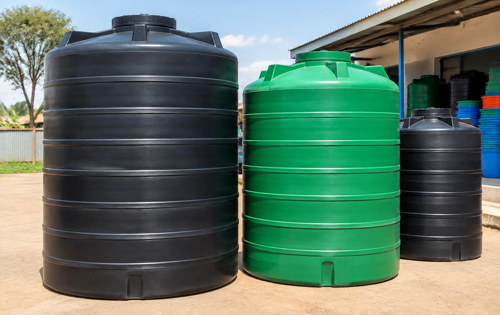 Roto-style plastic water storage tanks in various sizes at a water tank shop in Kenya